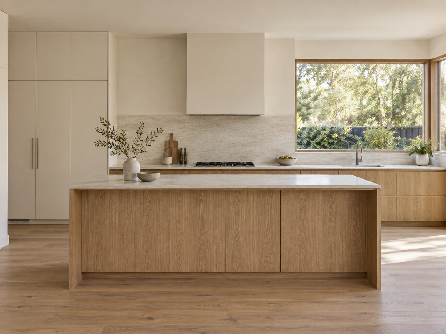 Finished kitchen concept with oak cabinetry, pale stone surfaces and a wide garden window