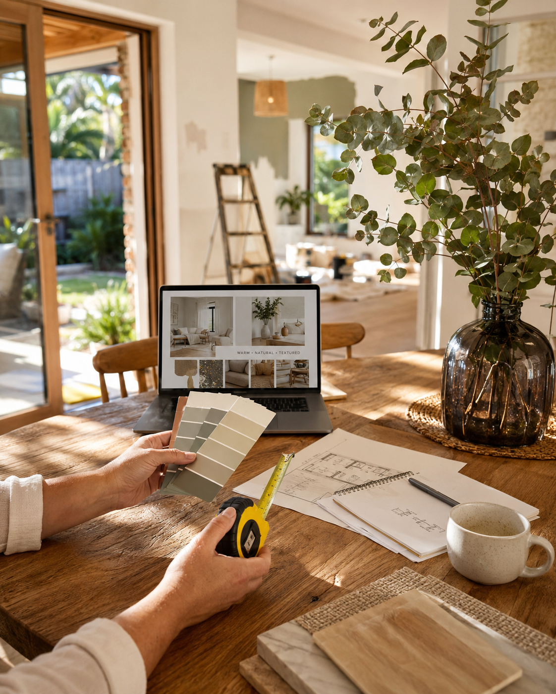 Material samples, colour swatches and plans being considered at a kitchen table