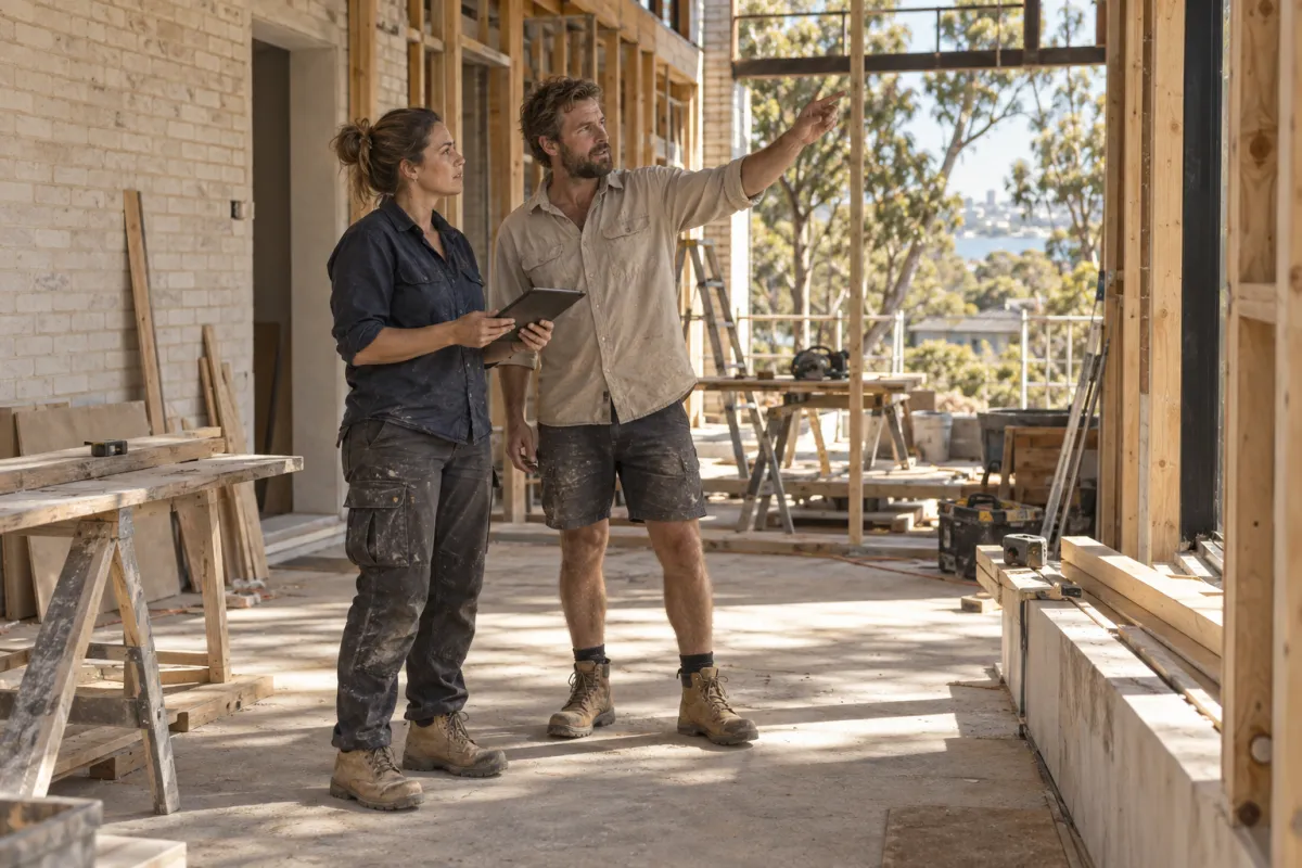 Tradespeople discussing the next steps at a residential renovation site