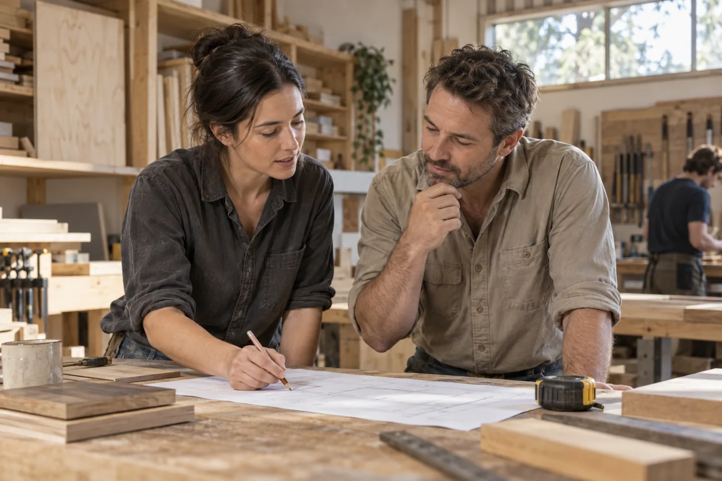 Two tradespeople reviewing plans together at a workshop bench